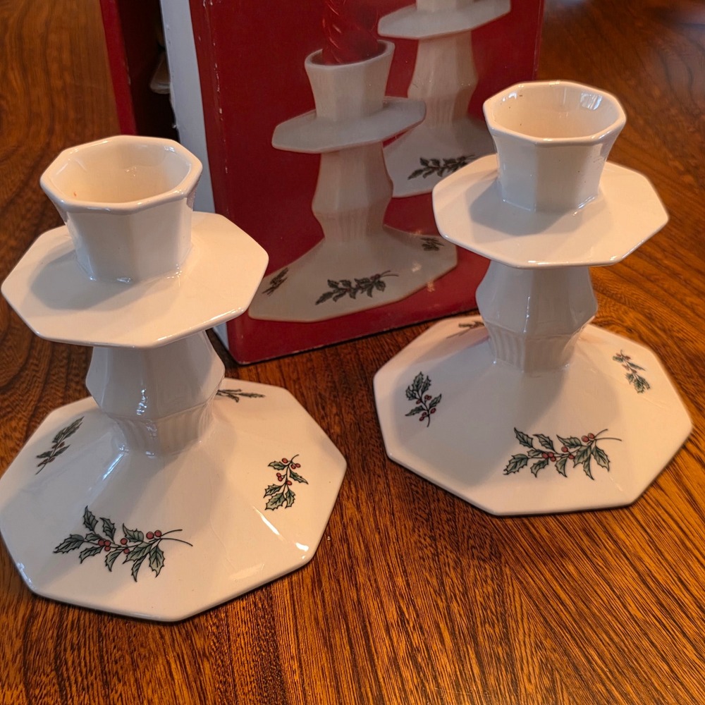 Nikko Classic Collection Christmas Holly Berry Candlestick Holders Set Holidays